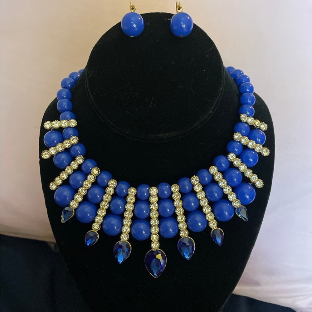 Formal Rhinestone and Blue Bead Necklace and Earrings